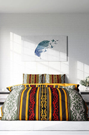 Lastikli Çarşaflı %100 Pamuk Saten Çift Kişilik Nevresim Takımı Ribbon Baroque Style