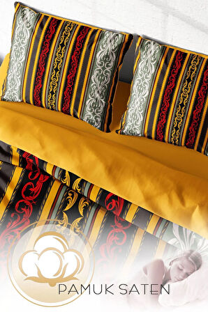 Lastikli Çarşaflı %100 Pamuk Saten Çift Kişilik Nevresim Takımı Ribbon Baroque Style