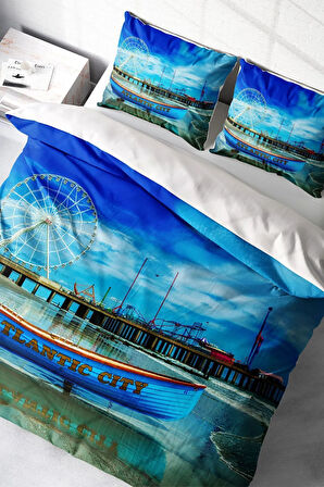 Lastikli Çarşaflı %100 Pamuk Saten Çift Kişilik Nevresim Takımı Atalanta City