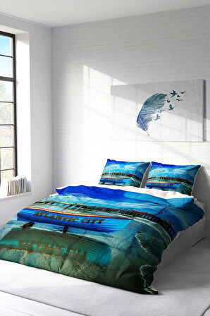 Lastikli Çarşaflı %100 Pamuk Saten Çift Kişilik Nevresim Takımı Atalanta City