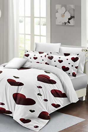 Çift Kişilik ( Lastikli Çarşaflı ) %100 Pamuk Saten Nevresim Takımı White Love