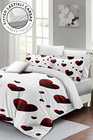 Çift Kişilik ( Lastikli Çarşaflı ) %100 Pamuk Saten Nevresim Takımı White Love