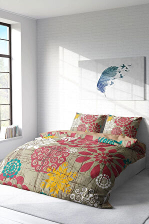 Lastikli Çarşaflı %100 Pamuk Saten Çift Kişilik Nevresim Takımı Past Tense Flowers