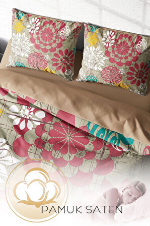 Lastikli Çarşaflı %100 Pamuk Saten Çift Kişilik Nevresim Takımı Past Tense Flowers