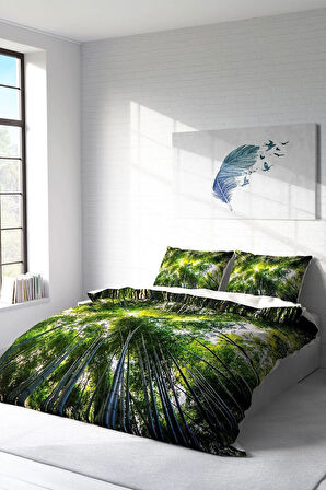 Çift Kişilik ( Lastikli Çarşaflı ) %100 Pamuk Saten Nevresim Takımı Forest 1