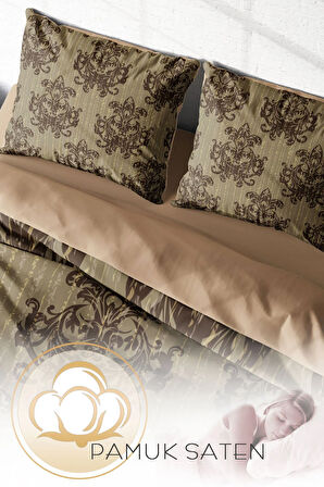 Lastikli Çarşaflı %100 Pamuk Saten Çift Kişilik Nevresim Takımı Brown Harmony