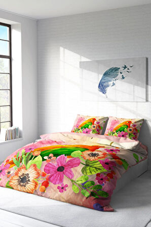 Lastikli Çarşaflı %100 Pamuk Saten Çift Kişilik Nevresim Takımı Bird Nest