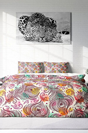 Çift Kişilik ( Lastikli Çarşaflı ) %100 Pamuk Saten Nevresim Takımı Peacock Feathers