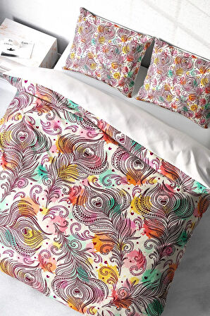 Çift Kişilik ( Lastikli Çarşaflı ) %100 Pamuk Saten Nevresim Takımı Peacock Feathers