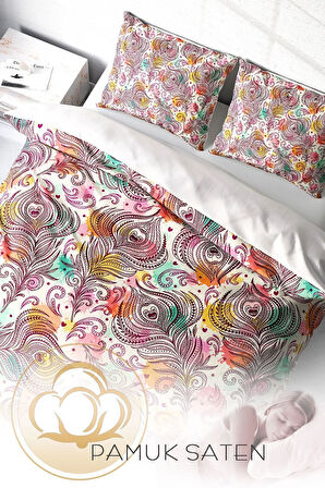 Çift Kişilik ( Lastikli Çarşaflı ) %100 Pamuk Saten Nevresim Takımı Peacock Feathers
