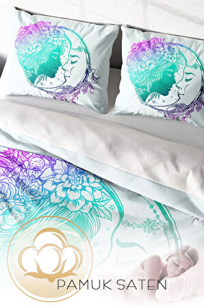 Lastikli Çarşaflı %100 Pamuk Saten Çift Kişilik Nevresim Takımı Moon