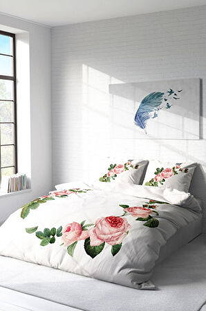 Lastikli Çarşaflı %100 Pamuk Saten Çift Kişilik Nevresim Takımı Flower-White