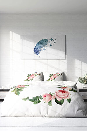 Lastikli Çarşaflı %100 Pamuk Saten Çift Kişilik Nevresim Takımı Flower-White