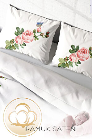 Lastikli Çarşaflı %100 Pamuk Saten Çift Kişilik Nevresim Takımı Flower-White
