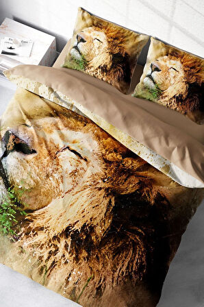 Lastikli Çarşaflı %100 Pamuk Saten Çift Kişilik Nevresim Takımı Lion