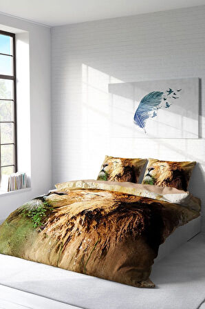 Lastikli Çarşaflı %100 Pamuk Saten Çift Kişilik Nevresim Takımı Lion