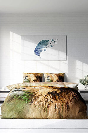 Lastikli Çarşaflı %100 Pamuk Saten Çift Kişilik Nevresim Takımı Lion