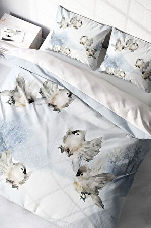 Çift Kişilik ( Lastikli Çarşaflı ) %100 Pamuk Saten Nevresim Takımı Snow Bird