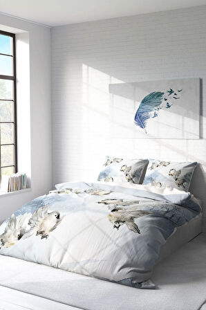 Çift Kişilik ( Lastikli Çarşaflı ) %100 Pamuk Saten Nevresim Takımı Snow Bird