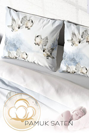 Çift Kişilik ( Lastikli Çarşaflı ) %100 Pamuk Saten Nevresim Takımı Snow Bird
