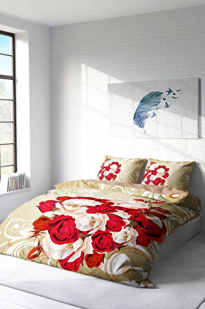 Lastikli Çarşaflı %100 Pamuk Saten Çift Kişilik Nevresim Takımı Rose Cream-1007
