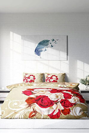 Lastikli Çarşaflı %100 Pamuk Saten Çift Kişilik Nevresim Takımı Rose Cream-1007