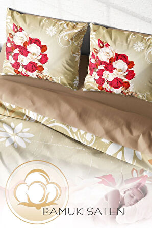 Lastikli Çarşaflı %100 Pamuk Saten Çift Kişilik Nevresim Takımı Rose Cream-1007