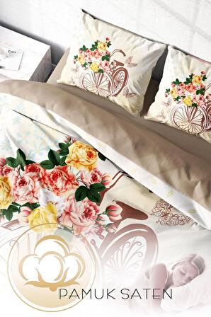 Lastikli Çarşaflı %100 Pamuk Saten Çift Kişilik Nevresim Takımı Romantic Bicycle