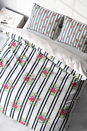 Lastikli Çarşaflı %100 Pamuk Saten Çift Kişilik Nevresim Takımı Ribbon Flowers