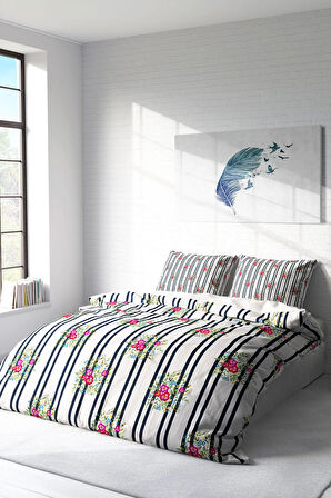 Lastikli Çarşaflı %100 Pamuk Saten Çift Kişilik Nevresim Takımı Ribbon Flowers