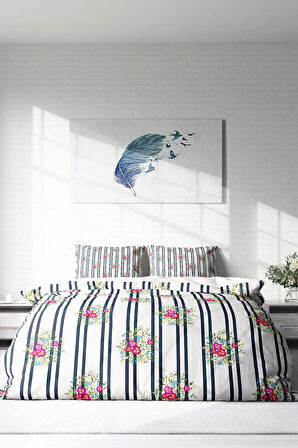 Lastikli Çarşaflı %100 Pamuk Saten Çift Kişilik Nevresim Takımı Ribbon Flowers