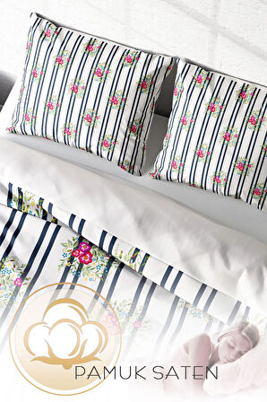 Lastikli Çarşaflı %100 Pamuk Saten Çift Kişilik Nevresim Takımı Ribbon Flowers