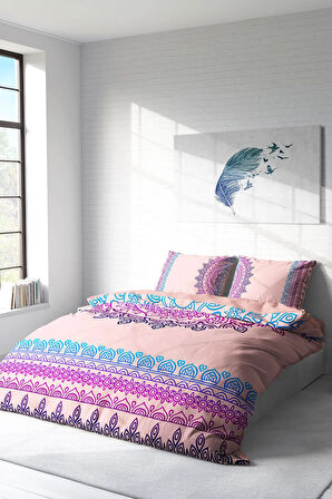 Lastikli Çarşaflı %100 Pamuk Saten Çift Kişilik Nevresim Takımı Soft Mandala