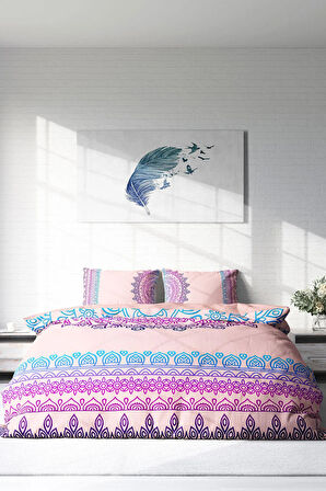Lastikli Çarşaflı %100 Pamuk Saten Çift Kişilik Nevresim Takımı Soft Mandala