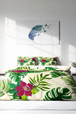 Lastikli Çarşaflı %100 Pamuk Saten Çift Kişilik Nevresim Takımı Peace Of The Green