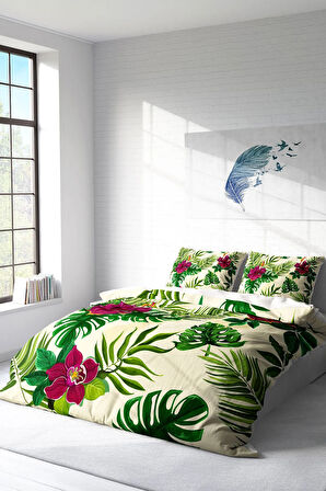 Lastikli Çarşaflı %100 Pamuk Saten Çift Kişilik Nevresim Takımı Peace Of The Green