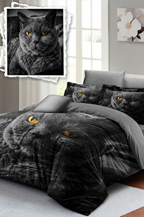 Lastikli Çarşaflı %100 Pamuk Saten Çift Kişilik Nevresim Takımı Serious Cat