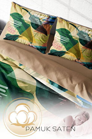 Lastikli Çarşaflı %100 Pamuk Saten Çift Kişilik Nevresim Takımı Relaxing Leaves