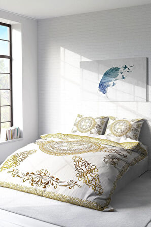 Lastikli Çarşaflı %100 Pamuk Saten Çift Kişilik Nevresim Takımı Gold Baraque