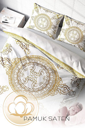 Lastikli Çarşaflı %100 Pamuk Saten Çift Kişilik Nevresim Takımı Gold Baraque