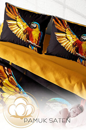 Lastikli Çarşaflı %100 Pamuk Saten Çift Kişilik Nevresim Takımı Macaw Parrot