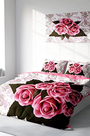 Lastikli Çarşaflı %100 Pamuk Saten Çift Kişilik Nevresim Takımı Rose-1008