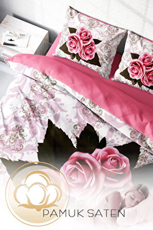 Lastikli Çarşaflı %100 Pamuk Saten Çift Kişilik Nevresim Takımı Rose-1008