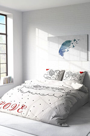 Lastikli Çarşaflı %100 Pamuk Saten Çift Kişilik Nevresim Takımı Angel