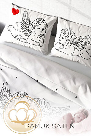 Lastikli Çarşaflı %100 Pamuk Saten Çift Kişilik Nevresim Takımı Angel