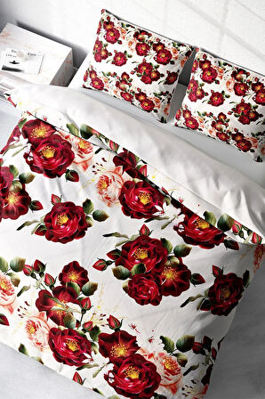 Lastikli Çarşaflı %100 Pamuk Saten Çift Kişilik Nevresim Takımı Red Rose
