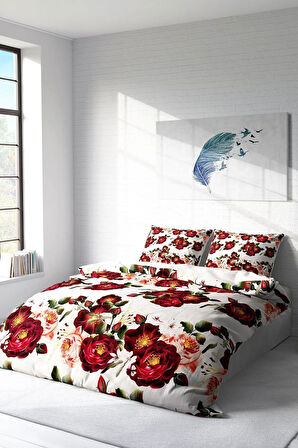 Lastikli Çarşaflı %100 Pamuk Saten Çift Kişilik Nevresim Takımı Red Rose