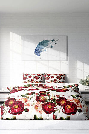 Lastikli Çarşaflı %100 Pamuk Saten Çift Kişilik Nevresim Takımı Red Rose