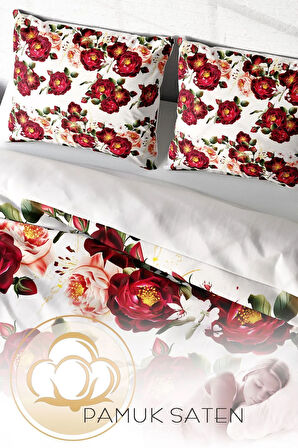 Lastikli Çarşaflı %100 Pamuk Saten Çift Kişilik Nevresim Takımı Red Rose