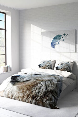 Lastikli Çarşaflı %100 Pamuk Saten Çift Kişilik Nevresim Takımı White Wolf